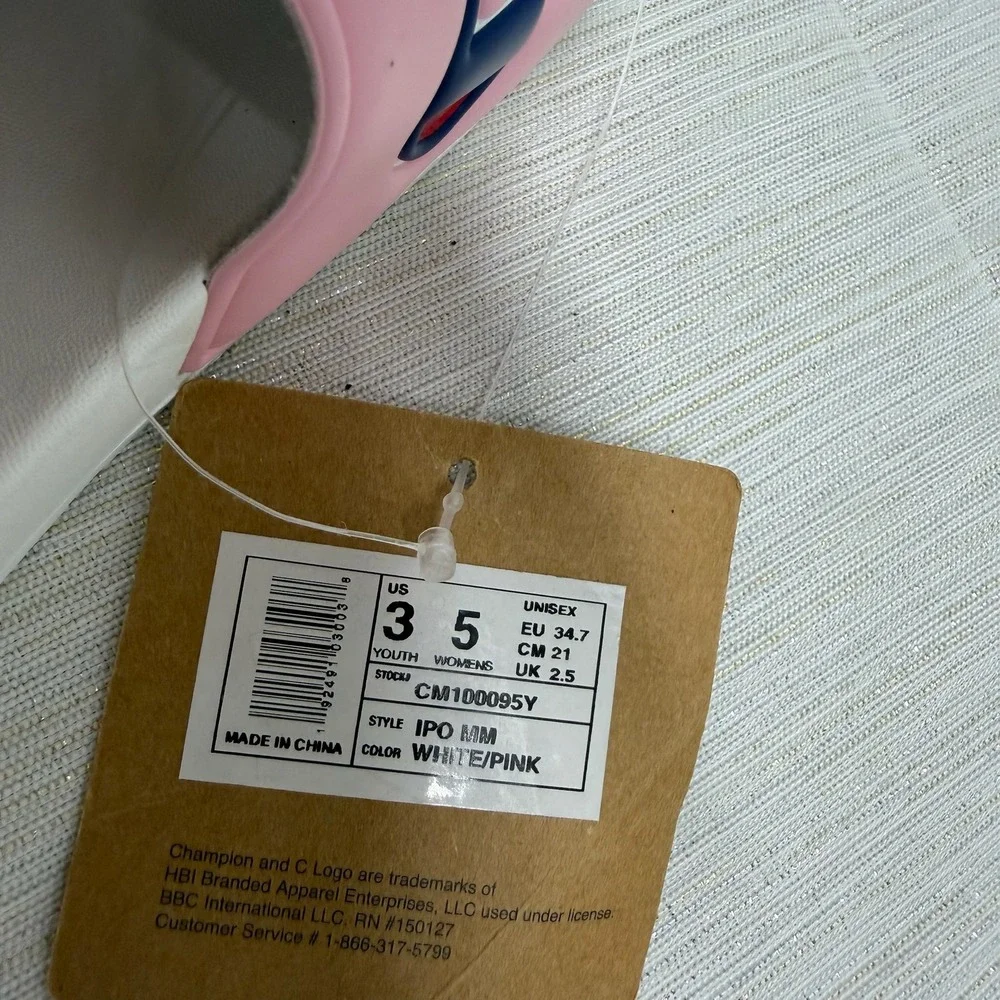 Champion IPO MM Kids Pink White Big C Script Logo Slide Sandals Size 3Y